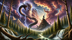 Perun and Veles clash in stormy Slovenian skies, lightning meets serpentine shadow.