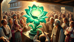 Danila unveils his stone flower masterpiece at the Sysert village festival.