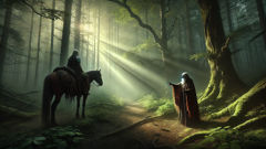 Dobrynya Nikitich meets a mysterious crone under an ancient oak in a deep forest