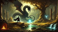 Cadmus fighting the dragon near a spring, Athena watching from the shadows.
