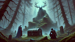 Svyatogor und Ilya Muromets entdecken in einem mystischen Wald die verzauberte eisernen Truhe.