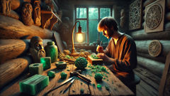 Danila, a young Russian craftsman, carves stone in a lamp-lit workshop surrounded by malachite.