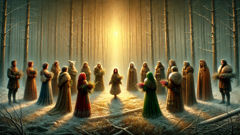 Marfa, em uma clareira cercada pelos doze meses personificados, cada um vestindo roupas sazonais distintas, oferecendo-lhe água, flores e calor.