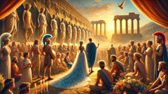 Cadmus and Harmonia’s divine wedding with gods and mortals celebrating in ancient Thebes.