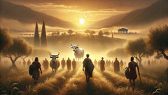 Cadmus and companions following a white cow through Boeotian meadows at sunrise.
