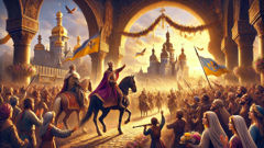 Dobrynya Nikitich and Princess Zabava return to Kiev, welcomed by cheering crowds and banners