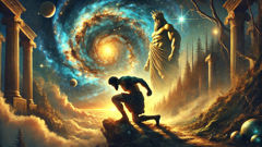 Heracles shoulders the sky as Atlas, freed, prepares to enter the Hesperides' garden