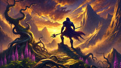 Heracles treks across rugged mountains as twilight falls, on his journey to the Hesperides
