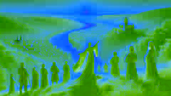Princess Libuše prophesying on a hill above the Vltava, pointing toward future Prague.