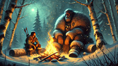 Svyatogor und Ilya Muromez erzählen sich am Lagerfeuer in der verschneiten russischen Wildnis Geschichten.
