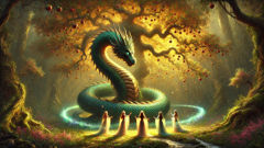 Ladon, the many-headed dragon, coils around the apple tree as nymphs dance and sing nearby