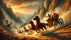 Pelops and Oenomaus race through rugged terrain; Oenomaus’s chariot crashes at a sharp ravine.