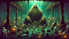 The Vodyanoy, grotesque and hairy, sits among glowing soul jars in his underwater lair.