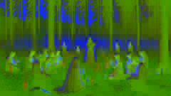 Villagers in a forest clearing at dusk, holding candles and flowers in a peaceful ritual