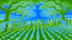Goldene Felder umgeben lange Tische, an denen Nachbarn feiern; Über ihnen ziehen die Erntestörche vorbei, und Kinder spielen.