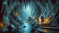 À l’intérieur de la grotte de Waitomo, des femmes maories s’agenouillent près d’un lac souterrain alors que le Taniwha émerge.