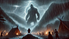 A Maero giant confronts Maori villagers in a mountain storm, lightning illuminating the conflict.