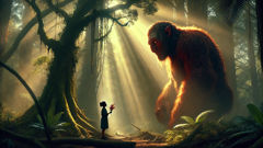 A young Maori woman offers berries to a Maero in a sun-dappled forest glade.