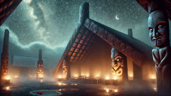 A Maori marae at night, its carvings illuminated to show Maero giants guarding the structure.