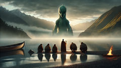 Maori heroine Hinewai kneeling before the Kumi at dawn by a misty lake