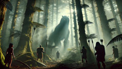 Maori hunters glimpsing the Kumi for the first time in a misty primeval forest