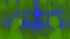 A spectral woman with mismatched eyes appears to a healer in a misty forest