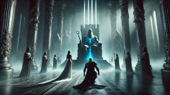 Heracles kneeling before Hades and Persephone in their obsidian palace