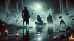 Heracles stands at the banks of the River Styx with Charon’s boat approaching