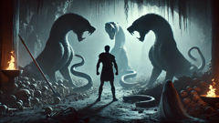 Heracles wrestling the three-headed Cerberus amid bones in a shadowy cavern