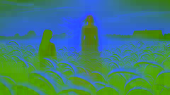 The Lady Midday appears in shimmering white amidst golden rye