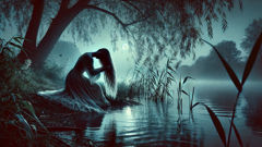 Rusalka penteando o cabelo entre as raízes de um salgueiro ao pôr do sol, a trança branca flutuando na água.