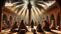 Dihya as a young leader listening to elders beneath a date palm