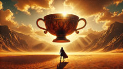 Heracles sails over a burning desert in a golden cup, gifted by Helios.