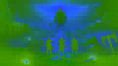 Odín y sus hermanos matan a Ymir, transformando su cuerpo en el mundo, con ríos de sangre y tierras que emergen.