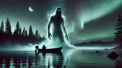O espírito Hiisi emerge da névoa sobre um lago finlandês enquanto um pescador se encolhe em seu barco.