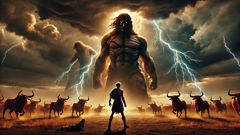 Heracles confronts three-bodied Geryon in a fierce battle on Erytheia’s windswept plain.