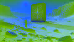 The stowaway stands before a partially buried alien monolith etched with glowing symbols