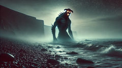 The Nuckelavee, a monstrous horse-man demon, emerges from thick coastal mist at night