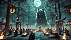 Um youkai kasha gigantesco no bosque de zimbros, com olhos que brilham e flores carbonizadas.