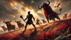 Heracles clashes with Orthrus and Eurytion among red-gold cattle on Erytheia Island.