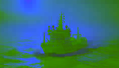 A research vessel deploying sonar equipment across the mist-laden waters of Saint Joseph Sound.