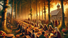 Uma festa de verão na vila, onde Marfa está com um pão e um buquê; os meses, visíveis às bordas da clareira, observam enquanto os moradores provam morangos impossíveis.