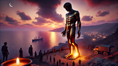 Le moment où Talos s’effondre, alors qu’une veine en fusion se vide, sous le regard des villageois au crépuscule.