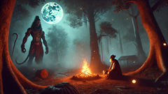 Eine Illustration eines Rakshasas, der seine Formen ändert, vor einem Wald in der Abenddämmerung.