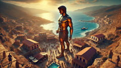 Talos debout sur un promontoire, un village minoen visible en contrebas sous un ciel doré.