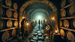 Profundas câmaras subterrâneas sob Varsóvia, com barris empilhados e um espelho iluminado por lampião.