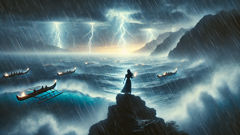 Hi'iaka, sur un promontoire, chante face à une tempête qui se lève, tandis que des vagues fantômes répondent à sa voix.