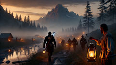 Luka's path to the mountain at dusk, lanterns dim, river-stone amulet glinting