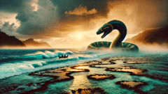 Irmãos guiando uma serpente gigante em direção a bancos rasos, enquanto o mar se abre para novas ilhas.