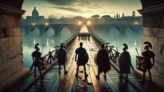 Three Roman defenders holding the narrow Sublician Bridge against waves of attackers